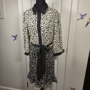 Miss Sixty Black Cream Abstract Print Shirt Dress Tie Belt Flounce Hem Size 14
